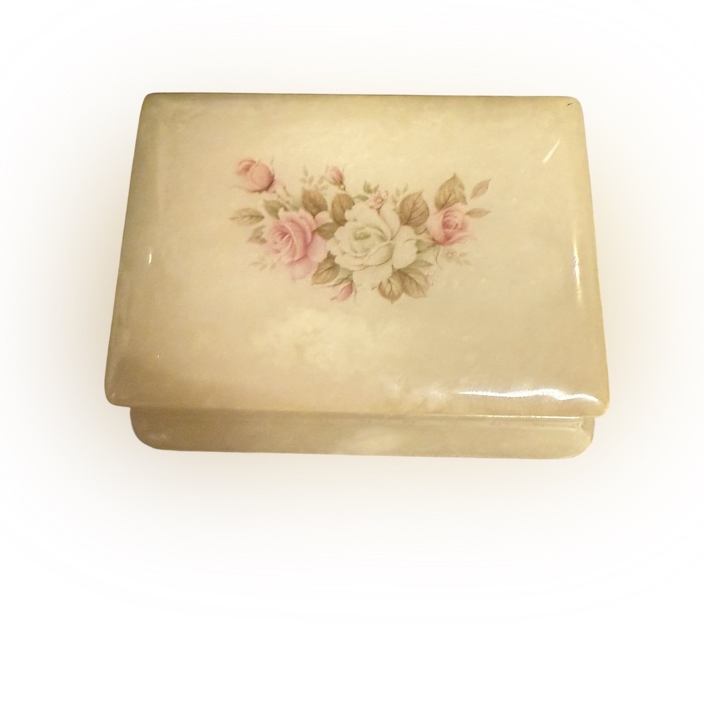 Vintage Alabaster Stone Jewelry Trinket Box with Floral Lid - Picture 13 of 14